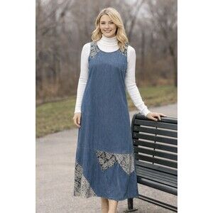 Agapo Denim Maxi Dress Jumper Womens Lg Beaded Lace 90s Y2K Retro Grannycore Vtg